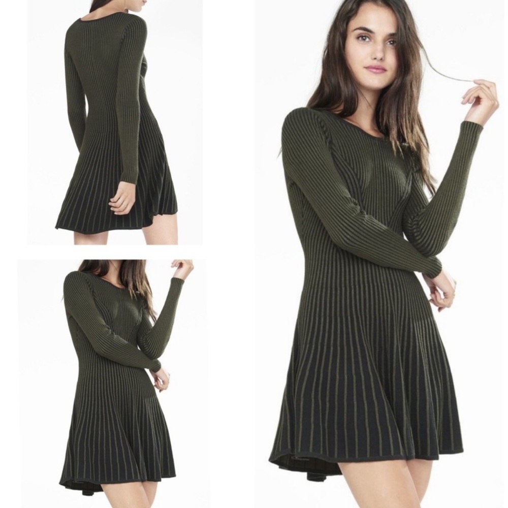 Express Ribbed Long Sleeve Sweater Dress - Green - XS